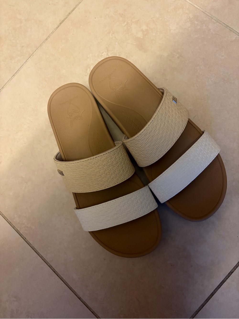 REEF Neutral Tan & Cream Double Strap Slide Sandals